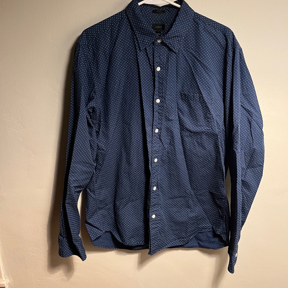 NWOT J.Crew men’s long sleeve button up Large blue polka dot slim fit size L